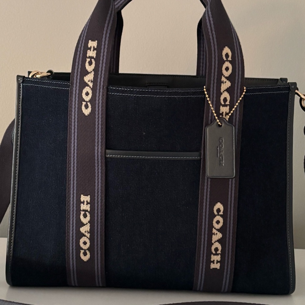 Coach Navy Blue Canvas Tote with Striped Handles - Picture 6 of 16